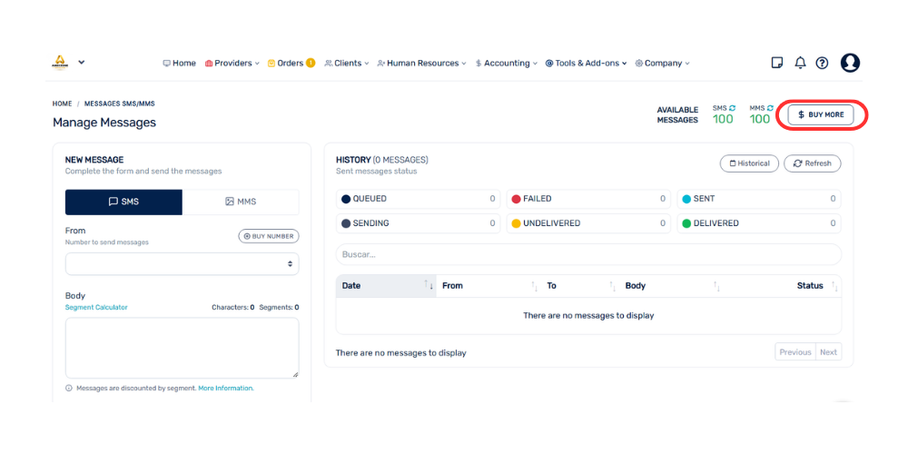 Antes de comprar, verifica que tu saldo sea positivo con saldo en negativo no se pueden comprar mensajes. En el menú superior, dirígete a Tools & Add-ons. En la categoría Comunicación, selecciona  (1).png
