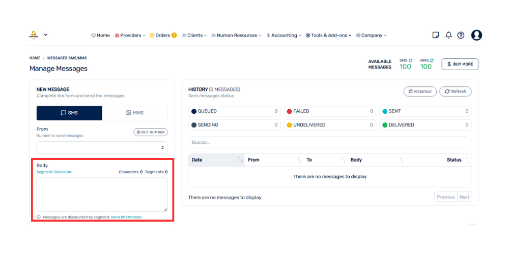 Antes de comprar, verifica que tu saldo sea positivo con saldo en negativo no se pueden comprar mensajes. En el menú superior, dirígete a Tools & Add-ons. En la categoría Comunicación, selecciona  (4).png